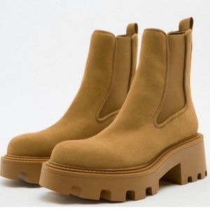 Zara Camel Suede Split Leather Chunky Sole Boots size 38